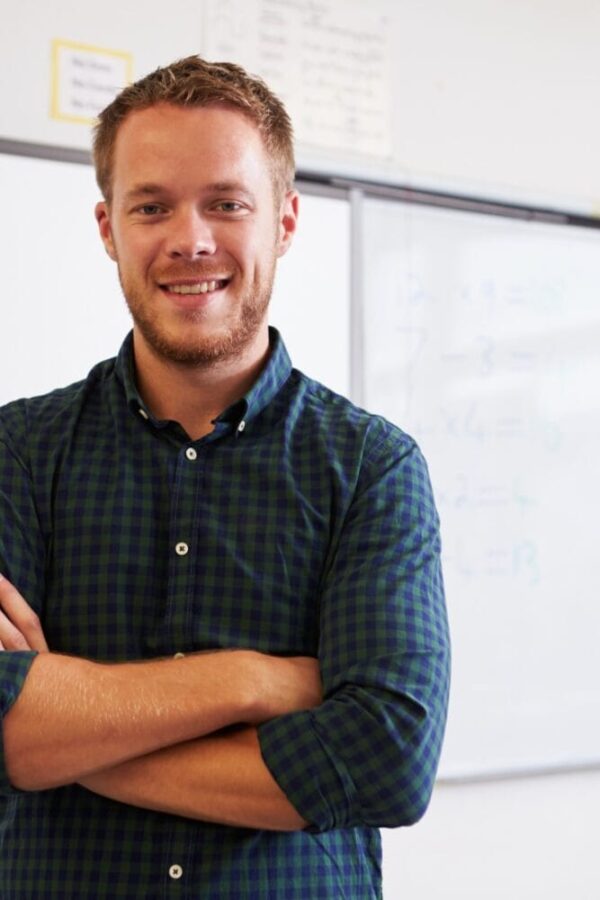 Portrait of confident Caucasian male teacher in classroom