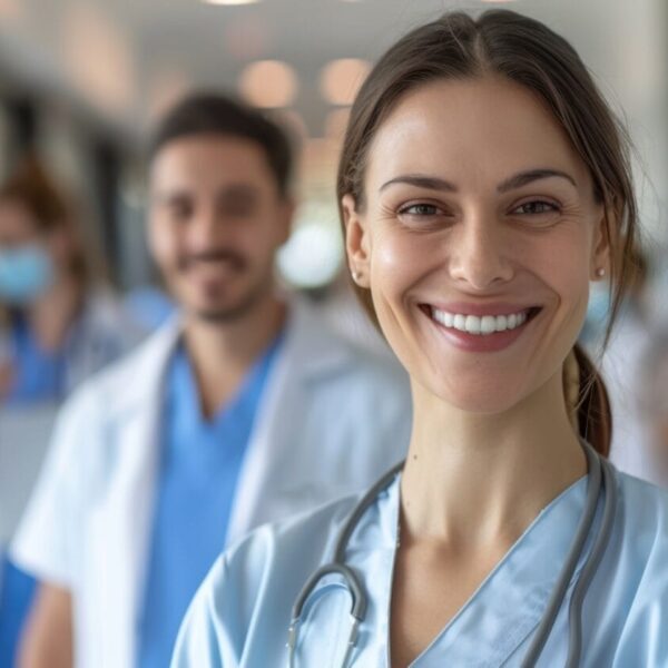A group of medical professionals smiling and standing in a hospital hallway.