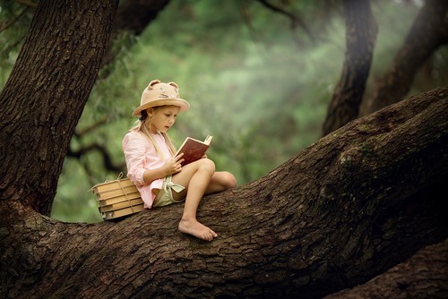 girl sat on tree reading a book